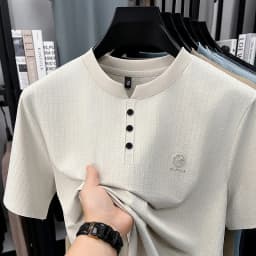 Mens Embroidered Logo Henley T Shirt Short Sleeve Slim Fit Casual Style Suitable For Daily Wear And Weekend Getaways
