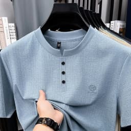 Mens Embroidered Logo Henley T Shirt Short Sleeve Slim Fit Casual Style Suitable For Daily Wear And Weekend Getaways