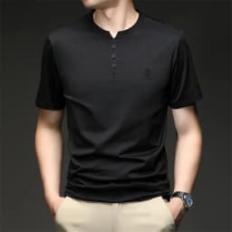 Mens Embroidered Logo Henley T Shirt Short Sleeve Slim Fit Casual Style Suitable For Daily Wear And Weekend Getaways