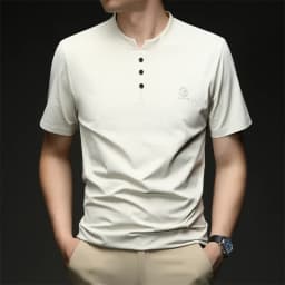 Mens Embroidered Logo Henley T Shirt Short Sleeve Slim Fit Casual Style Suitable For Daily Wear And Weekend Getaways