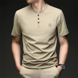 Mens Embroidered Logo Henley T Shirt Short Sleeve Slim Fit Casual Style Suitable For Daily Wear And Weekend Getaways