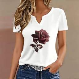 Vintage T-shirt V Neck Casual Fashion Rose Floral Printed T Shirts Women Short Sleeve Tee Shirt V-Neck Summer Spring