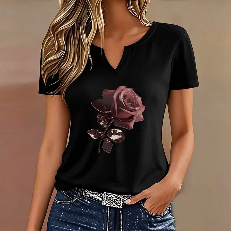 Vintage T-shirt V Neck Casual Fashion Rose Floral Printed T Shirts Women Short Sleeve Tee Shirt V-Neck Summer Spring