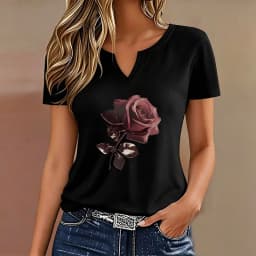 Vintage T-shirt V Neck Casual Fashion Rose Floral Printed T Shirts Women Short Sleeve Tee Shirt V-Neck Summer Spring