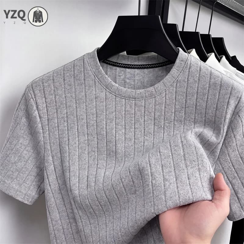Men Basic Ribbed Crew Neck T Shirt Short Sleeve Casual Business Wear For Men Summer Daily And Office Use
