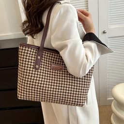 Casual Houndstooth Print Tote Bag, Large Capacity Shoulder Purse with Brown Leather Straps, Versatile for Everyday Work Outings