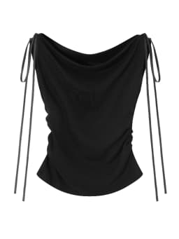 Trendy Cowl Neck Y2K Drawstring Off Shoulder Slim Tops 2026 Summer New White Women's T-shirt Solid Versatile Lace-up Tee