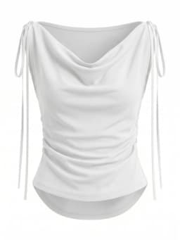 Trendy Cowl Neck Y2K Drawstring Off Shoulder Slim Tops 2026 Summer New White Women's T-shirt Solid Versatile Lace-up Tee