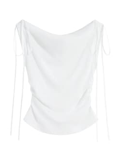 Trendy Cowl Neck Y2K Drawstring Off Shoulder Slim Tops 2026 Summer New White Women's T-shirt Solid Versatile Lace-up Tee