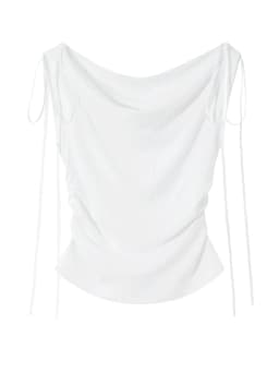 Trendy Cowl Neck Y2K Drawstring Off Shoulder Slim Tops 2026 Summer New White Women's T-shirt Solid Versatile Lace-up Tee