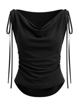 Trendy Cowl Neck Y2K Drawstring Off Shoulder Slim Tops 2026 Summer New White Women's T-shirt Solid Versatile Lace-up Tee