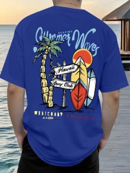 2026 Men's 100% Cotton Summer Waves Hawaii Surf Print T-Shirt White Short Sleeve Casual Tee For Beach & Surf Fans