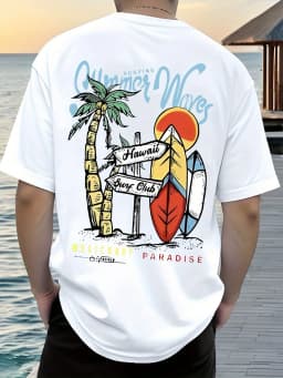 2026 Men's 100% Cotton Summer Waves Hawaii Surf Print T-Shirt White Short Sleeve Casual Tee For Beach & Surf Fans