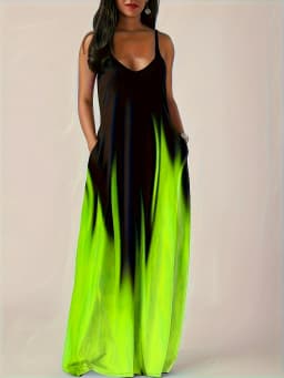 European and American style gradient halter maxi dress, V-neck sleeveless loose pocket resort dress