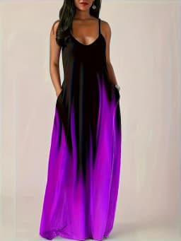 European and American style gradient halter maxi dress, V-neck sleeveless loose pocket resort dress