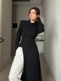 Women's Elegant High Neck Long Sleeve Maxi Dress With Side Slit Shoulder Pad Slim Fit Floor Length Tunic Top Versatile Clothing