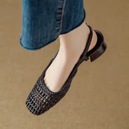 French Square-toed Woven High-heeled Sandals 2026 Summer New Skeletonized Fashionable Leather Fabric Mid-heel Women's Shoes