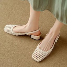 French Square-toed Woven High-heeled Sandals 2026 Summer New Skeletonized Fashionable Leather Fabric Mid-heel Women's Shoes