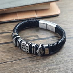 Men Stainless Steel Bracelet Braided Leather Wristband with Star Pattern & Cloud Beads Magnetic Clasp Punk Jewelry Gift Husband