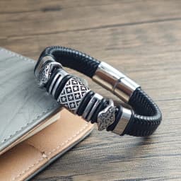 Men Stainless Steel Bracelet Braided Leather Wristband with Star Pattern & Cloud Beads Magnetic Clasp Punk Jewelry Gift Husband