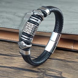 Men Stainless Steel Bracelet Braided Leather Wristband with Star Pattern & Cloud Beads Magnetic Clasp Punk Jewelry Gift Husband