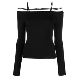 Ja Metal Tags Black Elastic Cotton Straps Off Shoulder Long Sleeves For Woman Top T-shirt Fashion Popular Ladies Clothes