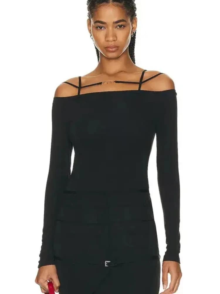 Ja Metal Tags Black Elastic Cotton Straps Off Shoulder Long Sleeves For Woman Top T-shirt Fashion Popular Ladies Clothes