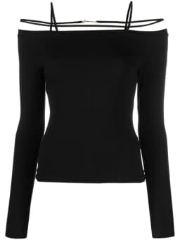 Ja Metal Tags Black Elastic Cotton Straps Off Shoulder Long Sleeves For Woman Top T-shirt Fashion Popular Ladies Clothes