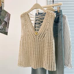 Sleeveless Knit Blouse for Women Open Stitch V-Neck Crochet Tunic Top Summer Beach Cover Up Boho Vacation Outfit