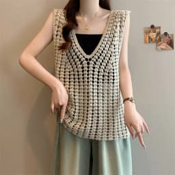 Sleeveless Knit Blouse for Women Open Stitch V-Neck Crochet Tunic Top Summer Beach Cover Up Boho Vacation Outfit