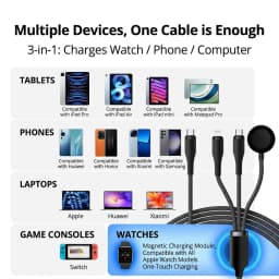 Bonola 3 in 2 USB Type C Cable for iPhone 17/16/15/14/13/12 Pro Charger Cable USB Type C Watch Charger Cable for Apple Watch