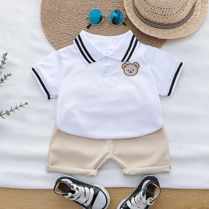 Summer Cartoon Bear Embroidered POLO Shirt And Shorts Set for Babies And Toddlers Boys Comfortable Breathable Cotton Outfit