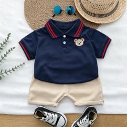 Summer Cartoon Bear Embroidered POLO Shirt And Shorts Set for Babies And Toddlers Boys Comfortable Breathable Cotton Outfit