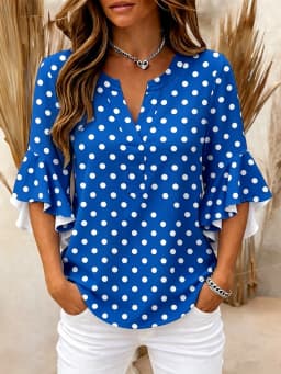 Fashion Multicolored Simple Dots Women's Blouse V-neck ruffle sleeves T-Shirt Elegant Top Summer Fit Fashion Women Clothing