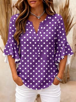 Fashion Multicolored Simple Dots Women's Blouse V-neck ruffle sleeves T-Shirt Elegant Top Summer Fit Fashion Women Clothing