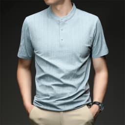 Mens Casual Mandarin Collar Tops Short Sleeve Henley Shirt With Three Buttons Textured Soft Breathable Tees For Men Daily Style