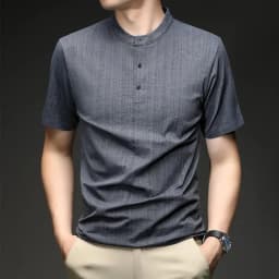 Mens Casual Mandarin Collar Tops Short Sleeve Henley Shirt With Three Buttons Textured Soft Breathable Tees For Men Daily Style