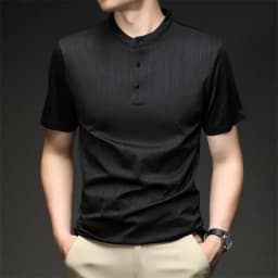 Mens Casual Mandarin Collar Tops Short Sleeve Henley Shirt With Three Buttons Textured Soft Breathable Tees For Men Daily Style