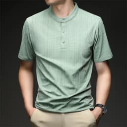 Mens Casual Mandarin Collar Tops Short Sleeve Henley Shirt With Three Buttons Textured Soft Breathable Tees For Men Daily Style