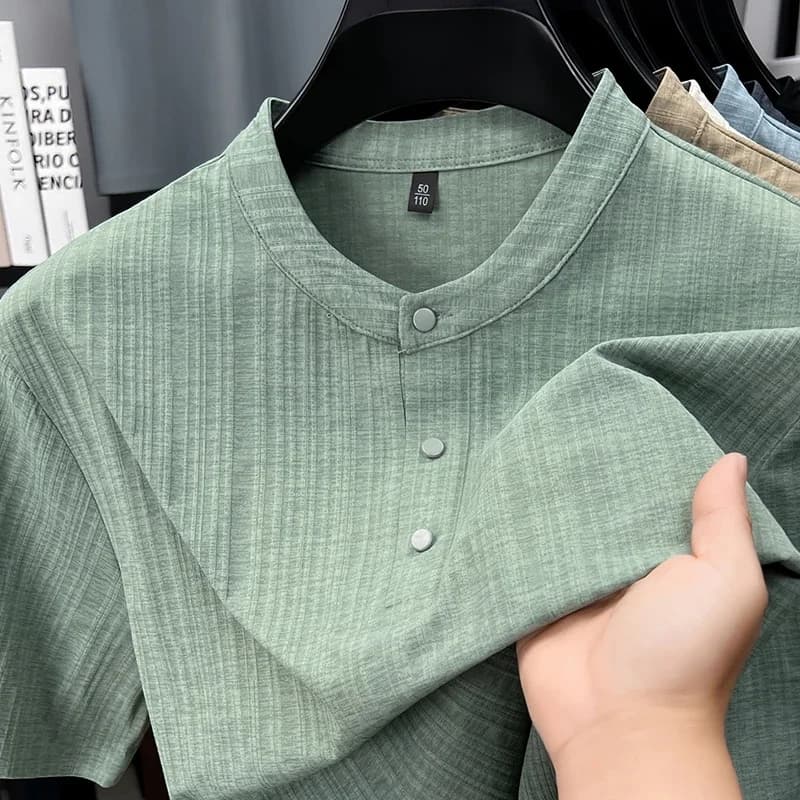 Mens Casual Mandarin Collar Tops Short Sleeve Henley Shirt With Three Buttons Textured Soft Breathable Tees For Men Daily Style