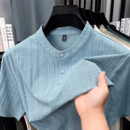 Mens Casual Mandarin Collar Tops Short Sleeve Henley Shirt With Three Buttons Textured Soft Breathable Tees For Men Daily Style