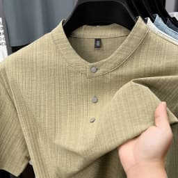 Mens Casual Mandarin Collar Tops Short Sleeve Henley Shirt With Three Buttons Textured Soft Breathable Tees For Men Daily Style