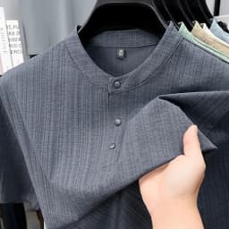 Mens Casual Mandarin Collar Tops Short Sleeve Henley Shirt With Three Buttons Textured Soft Breathable Tees For Men Daily Style