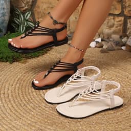 YUYIN Women Sandals T-Strap Toe Roman Beach Women Shoes Slip-On Sandals Women New Summer Elastic Strap Flat Bottom Shoes