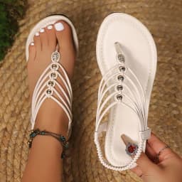 YUYIN Women Sandals T-Strap Toe Roman Beach Women Shoes Slip-On Sandals Women New Summer Elastic Strap Flat Bottom Shoes