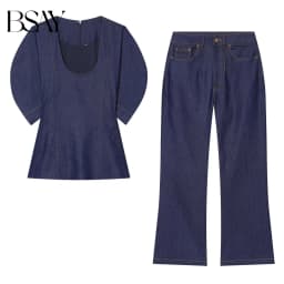 BSAY 2026 New Women's Denim Two Piece Set Puff Sleeve U-neck Blouse High Waist Wide Leg Jeans Casual Daily Wear Suit