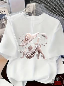Women's Printed T-Shirt Pearl Diamond Jewelry Women's Design Casual Round Neck Short-sleeved Top Urban Style Printed T-Shirt