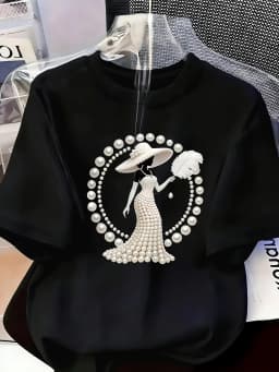 Women's Printed T-Shirt Pearl Diamond Jewelry Women's Design Casual Round Neck Short-sleeved Top Urban Style Printed T-Shirt