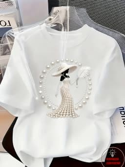 Women's Printed T-Shirt Pearl Diamond Jewelry Women's Design Casual Round Neck Short-sleeved Top Urban Style Printed T-Shirt