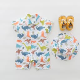 Summer Cartoon Dinosaur Full-Print Turtleneck Romper for Male Infants with Hat - Soft Cotton Unisex Baby Outfit